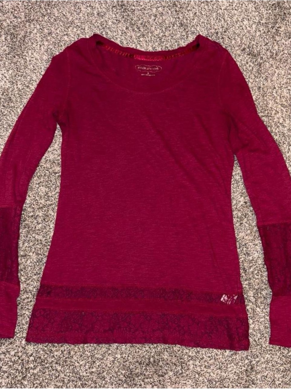 Y2K burgundy long sleeve shirt with floral lace trim